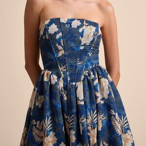 Lulus Eulalia Dark Blue Floral Lace-up Strapless Bustier Midi Dress - Size M